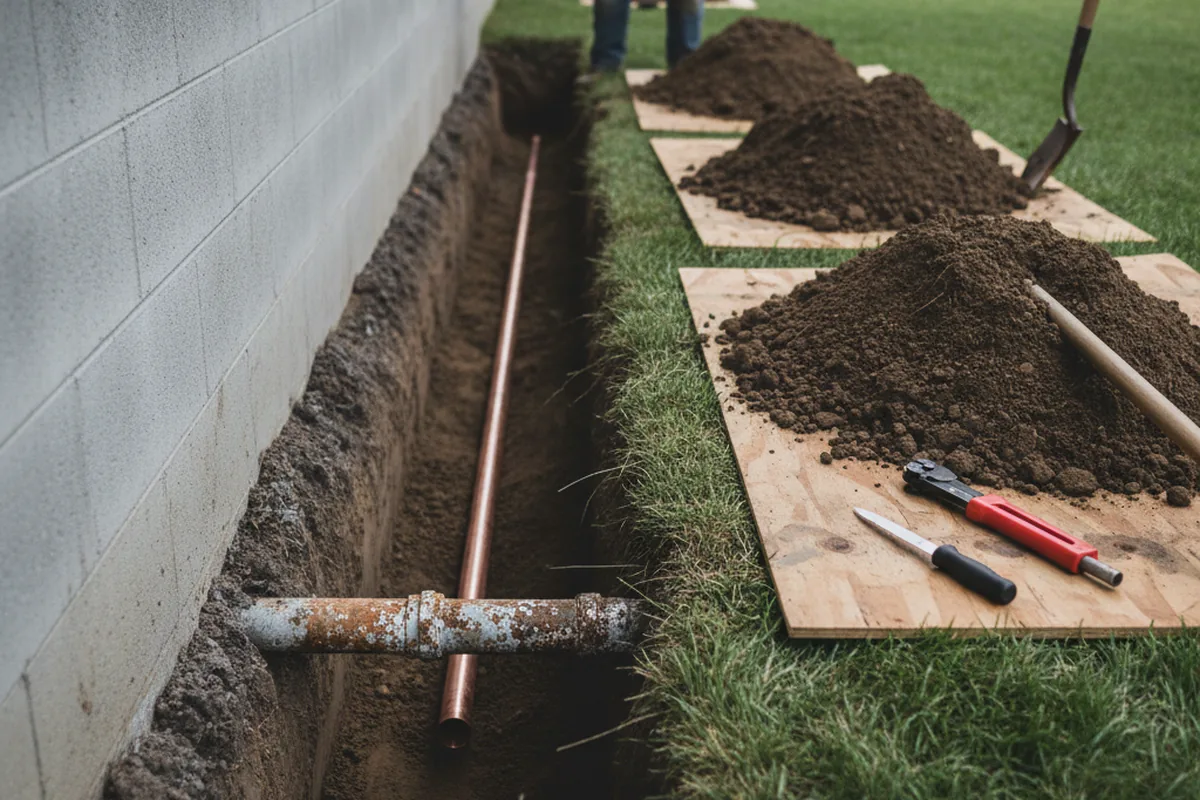 Excavated water line trench during Water Softener Installation in Nocatee